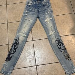Amiri Indigo & Taupe Bandana Flame Jeans