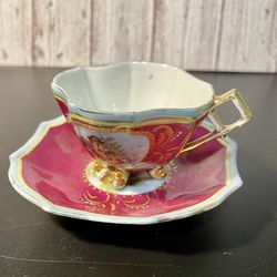 L R Austria Antique 1880’s Hand Painted Cranberry Waterwheel 3-Footed Cup Saucer