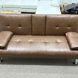 Convertible Folding Futon Sofa Bed Leather w/Cup Holders&Armrests Brown
