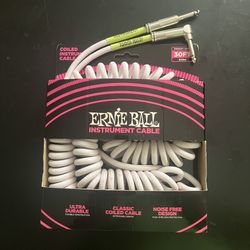 Ernie Ball 30' Coiled Straight-Angle Instrument Cable - White Guitar Cord
