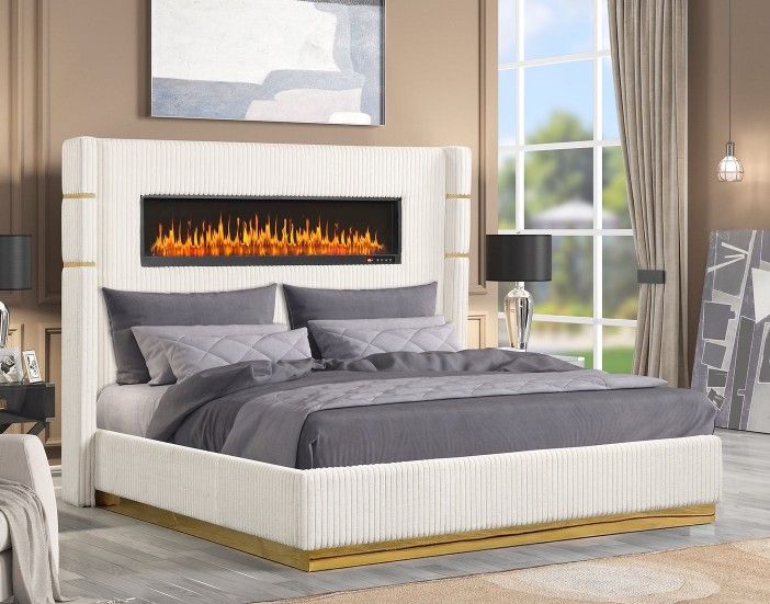 LED FIREPLACE UPHOLSTERY PLATFORM BED NEW IN BOX 