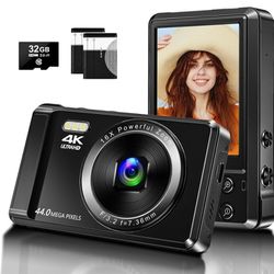 Digital Camera 4K UHD Vlogging Camera, 44MP Autofocus Compact Camera with 16X Digital Zoom, Rechargeable Point and Shoot Digital Camera with 32GB SD C