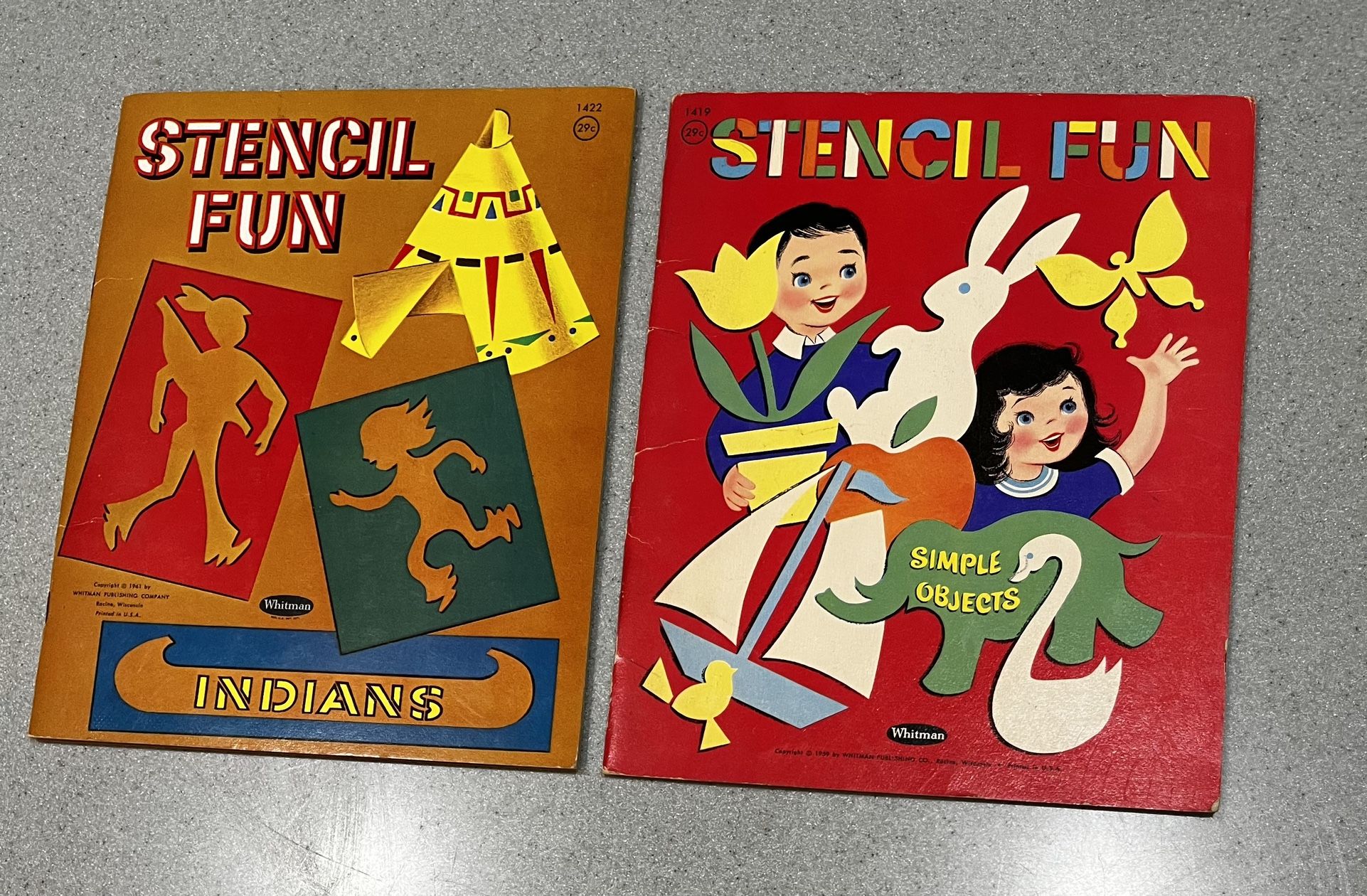 Two Vintage Stencil Fun Books By Whitman. 1959 Simple Objects. 1961 Indians.