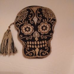 Skull Head Beaded Zipper Wallet Holder
