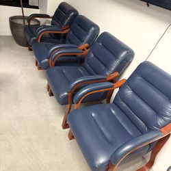 Mid-Century Modern Blue Leather Lounge Chairs – Solid Wood Arms