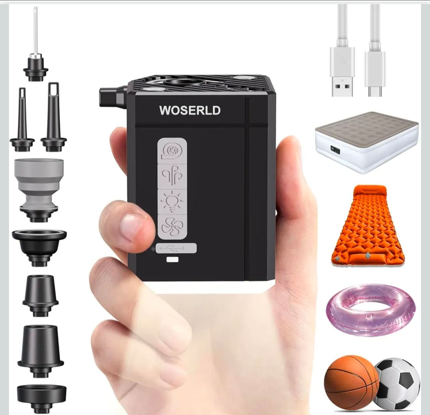 100KPA Mini Electric Air Pump 3000mAh Battery Air Mattress Pump & Camping Light & Fan