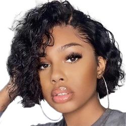 WIGER Short Lace Front Wigs Human Hair for Women Short Curly Bob Wig Black Wavy Lace Wig Black Pixie Cut Wig Brazilian Virgin Human Hair Curly Wigs 