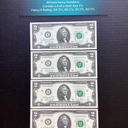 Four $2 Dollar Bills, Fancy Numbers and Gas pumps