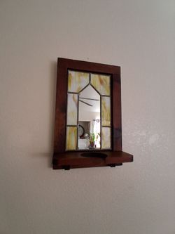 Vintage Artisan Handcrafted Stained Glass Wall Mirror Accented Wooden Candle Shelf