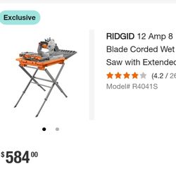 RIDGID
12 Amp 8 in. Blade Corded Wet Tile Saw. Retails Around $640 With Taxes! In Excellent Condition!
