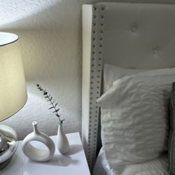 Queen Size Bedroom Frame   -Moving Sale - Wing Bright White Queen Frame - Nightstand , IKEA Shelves - And Accessories 