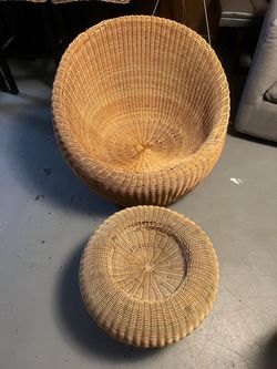 Vintage Wicker/Rattan Barrel Chair with Matching Ottoman