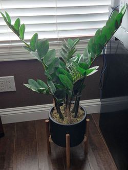 Artificial Plant in Black Pot with Wood Stand