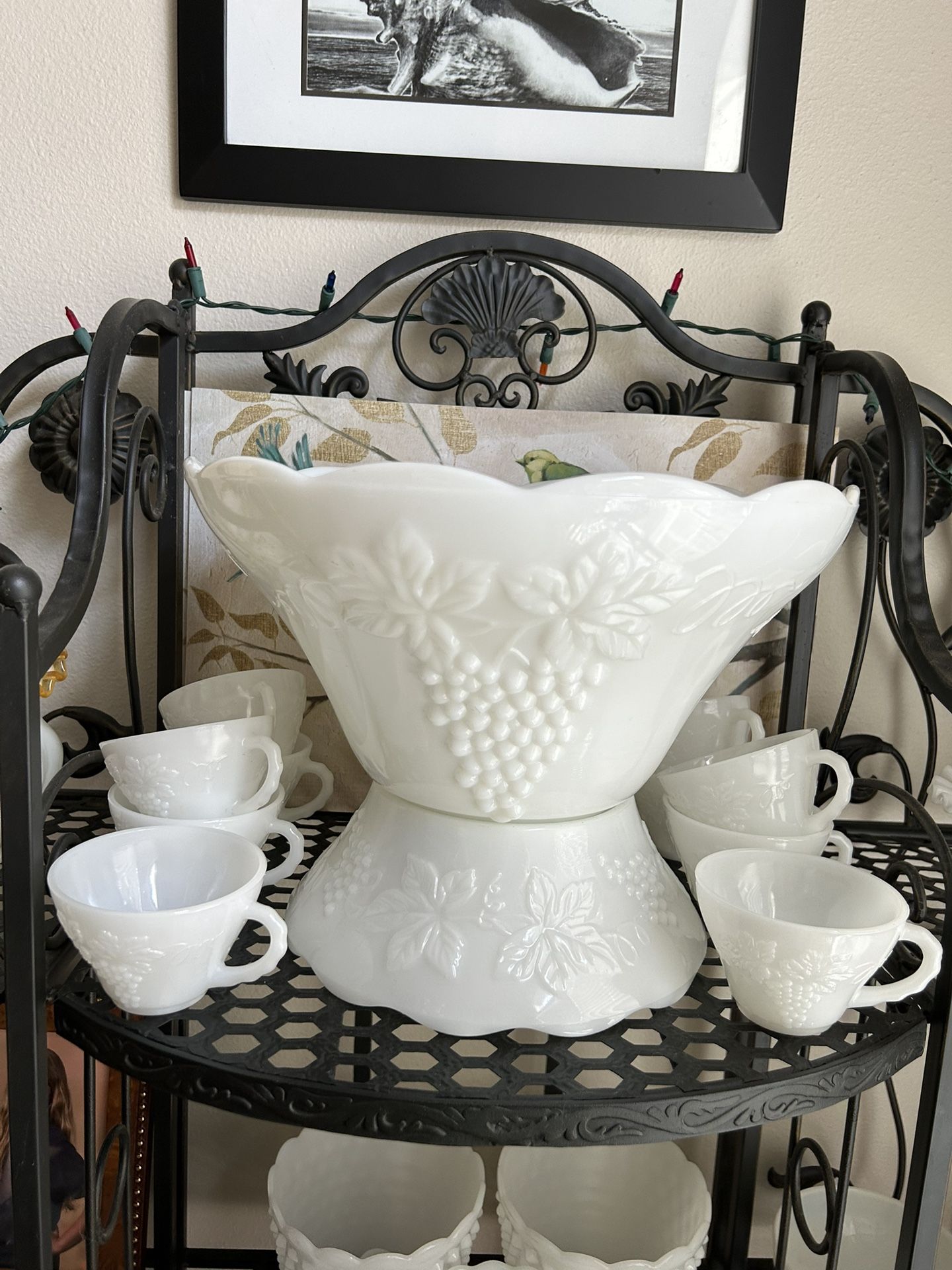 Vintage Anchor Hocking milk glass punch bowl with stand and cups.