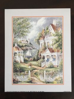 New 8x10 inch art print cottages shoreline boat sailing