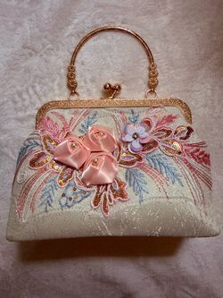 Floral Embroidered Satin Handbag with Gold Frame