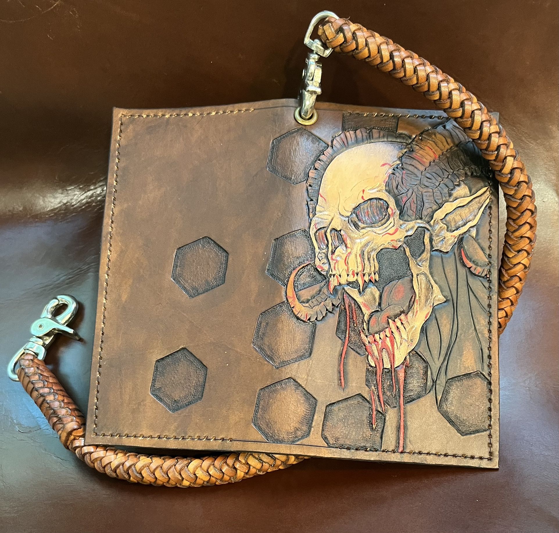 New Demon With Horns Carved And Tooled Leather Bifold Wallet