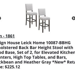 Design House Leick Home 10087-BBHG Upholstered Back Bar Height Stool with Wood Base, Set of 2, for Elevated Kitchen Counters, High Top Tables, and Bar