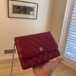 Authentic Chanel Red Patent Leather Wallet on Chain 