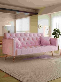 71-inch pink velvet three-seat sofa with two throw pillows for living room, bedroom