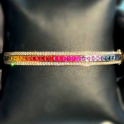 UGL certified 18k yellow gold Rainbow Natural 3CTW Multicolor Princess cut Sapphire 1CTW Diamond Stone bangle bracelet
