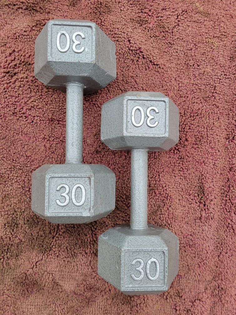 SET OF 30LB HEXHEAD DUMBBELLS TOTAL 60LBs. 
7111  S. WESTERN WALGREENS 
$60    CASH ONLY AS IS