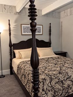 California King Solid Wood Four-Poster Bed + Tuft & Needle Mattress  Beautiful, substantial California king bed with a dark wood finish, an elegant sh