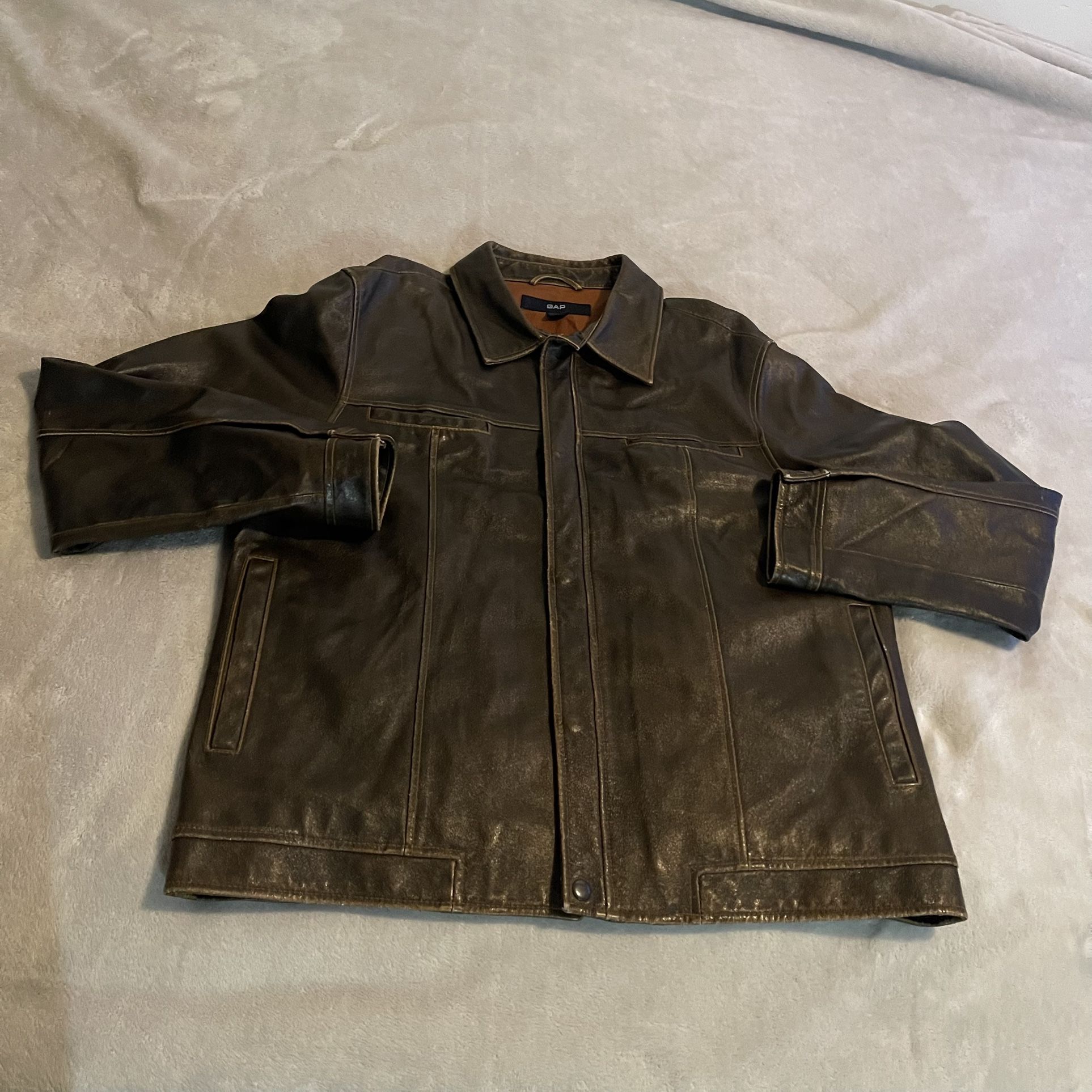 Vintage GAP Jacket Men Large Brown Genuine Leather Motorycle Faded 90s Y2K Solid