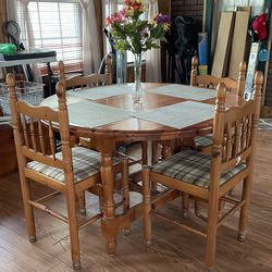 Wooden Dining Table With Double Drop Leaves . 4 Chairs Included.  46 By 43.