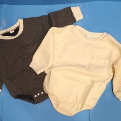 Unisex Quilted Baby Romper, Long Sleeve Crew Neck, Cream or Grey, 12 Months-3T