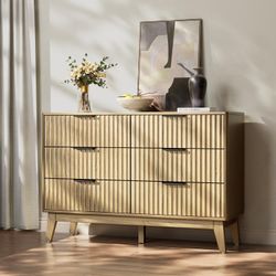 Modern 6 Drawer Dresser, Natural Oak, Fluted Wave Design, Rounded Corners, Mid Century Dresser TV