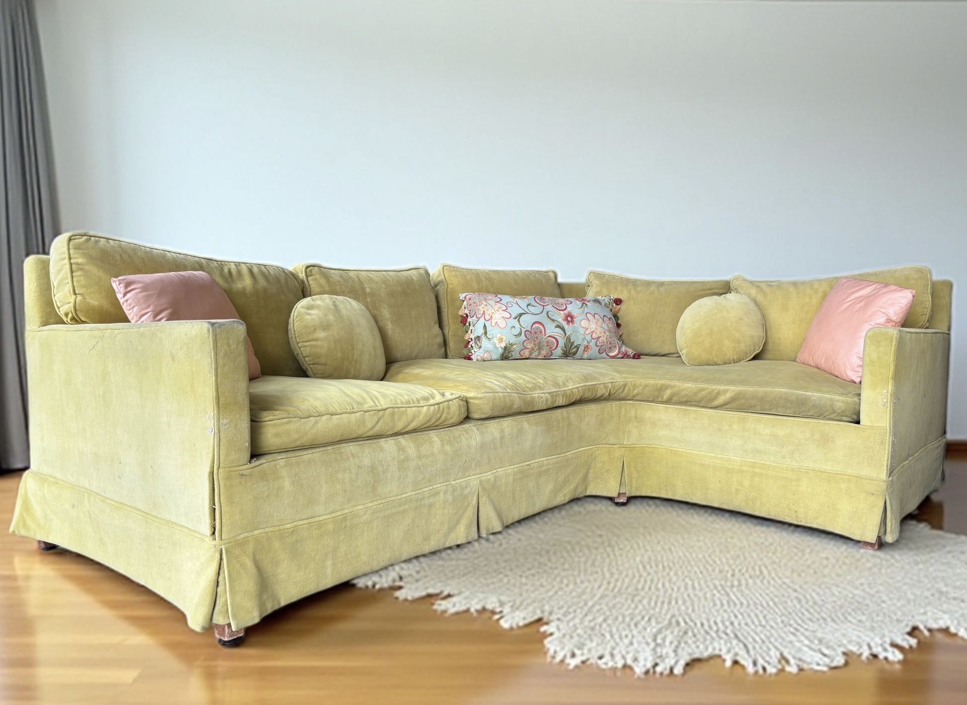 Vintage Mid Century Curved Back Sofa - Yellow Velvet Couch
