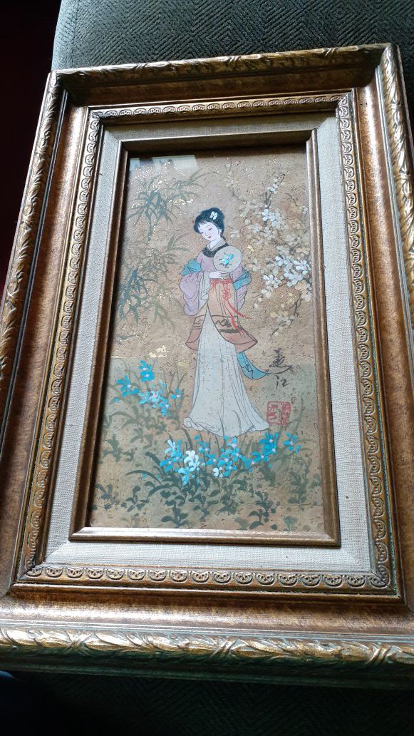 Original Japanese Art. Signed by Artist. MOK. Oil painting on cork.