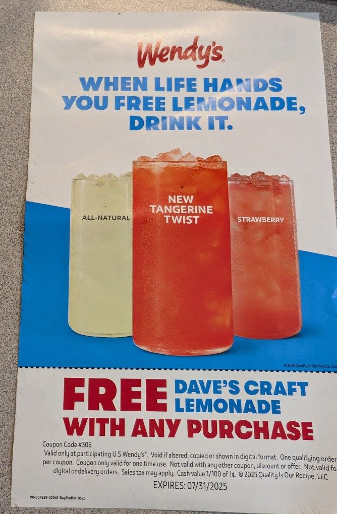 Wendy's Deals Expires 7/31/2025 For 3 Qty Deals.