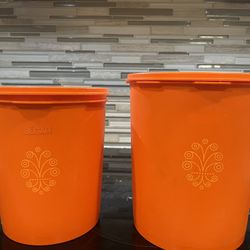 a vintage Tupperware Servalier canister in orange