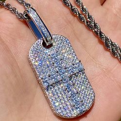 Italy 925 Sterling Silver Dog Tag Cross 14K White Gold 5X Layered Iced Pendant, Stainless Steel Rope Chain 16”-24” Inches Chain and Pendant Set