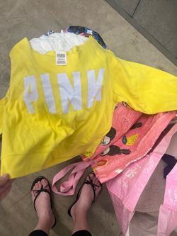 Clothing bundle, Pink Victoria secret off the shoulder sweater, Karl Lagerfeld charm leather hat, spanx shorts, danskin loungewear, joggers, and more