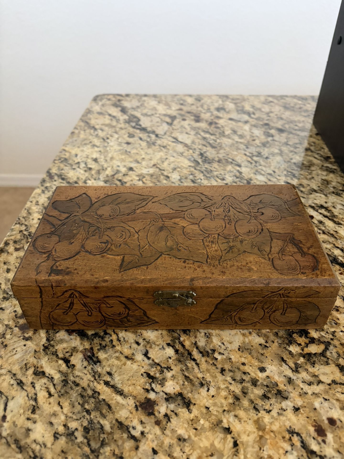 Antique Flemish Art Co. pyrography wood box with a cherry design.