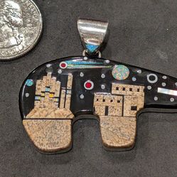 Sterling silver handmade Southwest Micro-inlay galaxy desert mosaic bear pendant