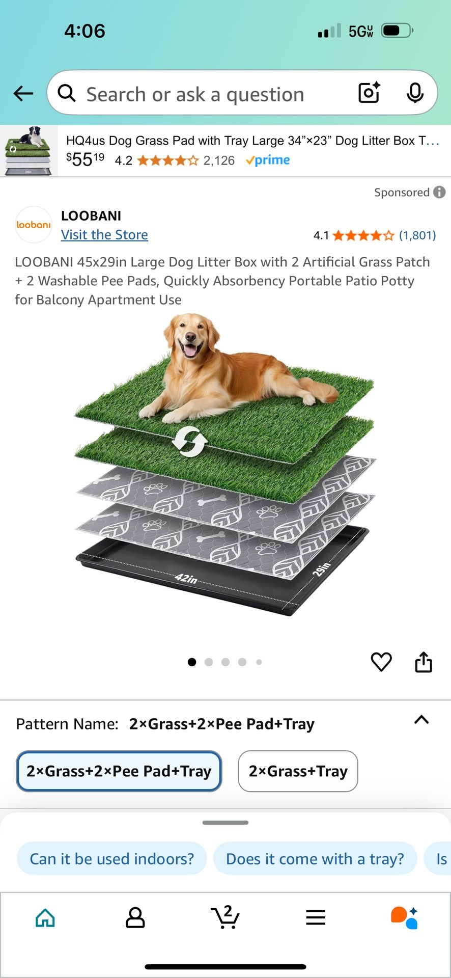 LOOBANI 45x29in Large Dog Litter Box with 2 Artificial Grass Patch + 2 Washable Pee Pads, Quickly Absorbency Portable Patio Potty for Balcony Apartmen
