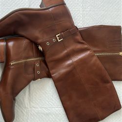 Michael Kors Brown Leather Boots With Gold Zipper. Size 10.