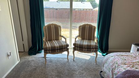 Pair of Fairfield Carved Accent Chairs – Solid Wood Frame – Classic Stripe Upholstery