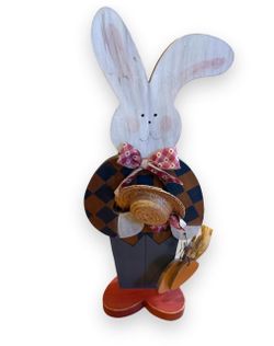 Wood Country by Claudia handcrafted wooden bunny with blue and brown checkered vest,