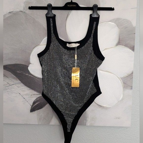 L / C Lizette Collection Black Rhinestone Bodysuit Size XL NWT