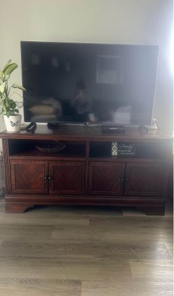 solid cherry wood tv stand | magnetic storage doors | 2 shelves | wire accessibility