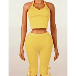 Yellow Halter Crop Top and Biker Shorts Set