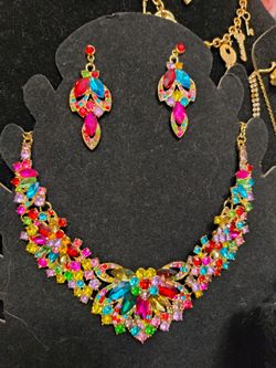 Chunky Multicolor Crystal Rhinestone Marquis Necklace & Dangle Earrings Set