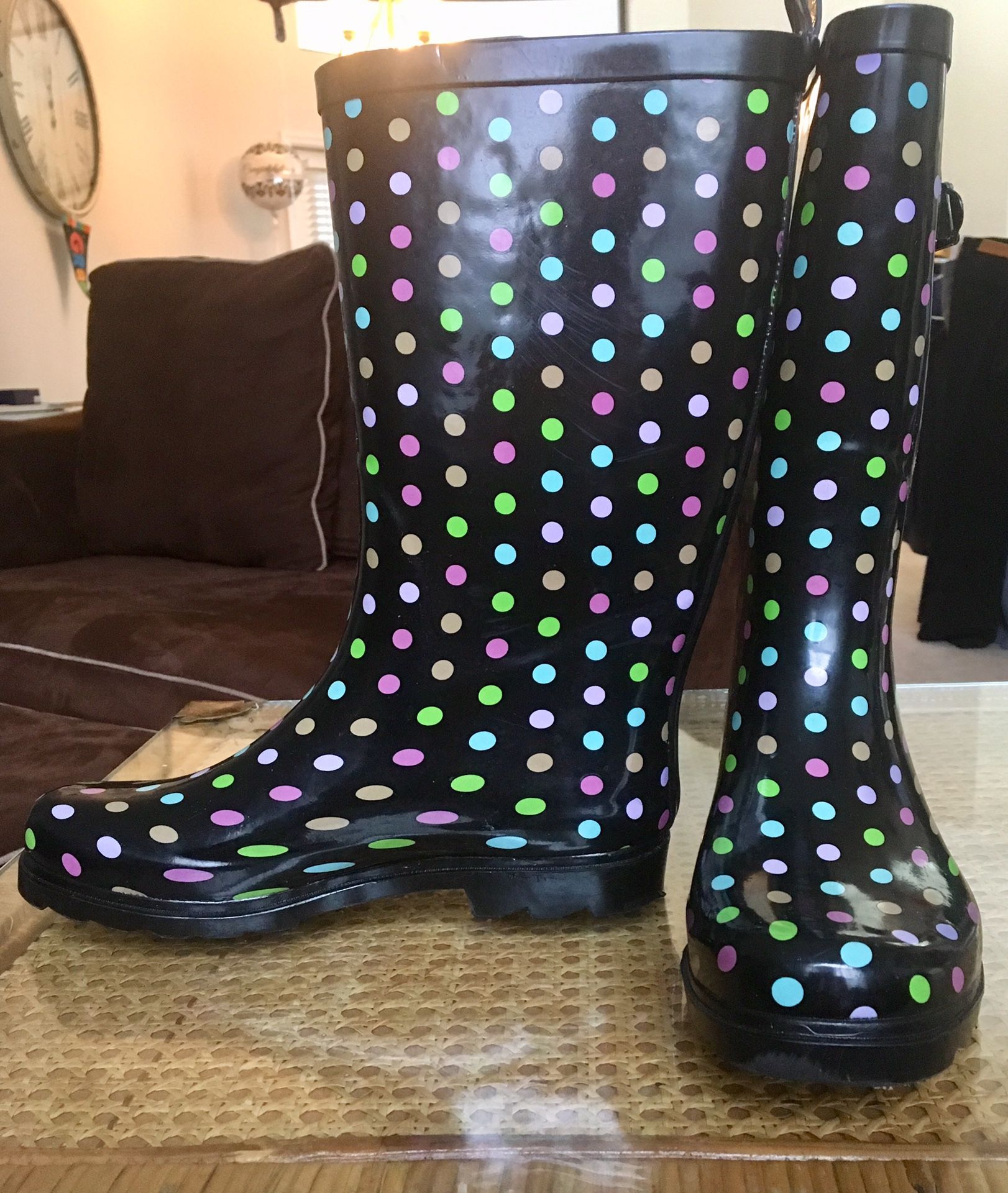 Colorful Polka Dot Rain Boots, Size 9M