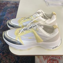 DKNY Chunky Athletic Sneakers White Yellow Silver Mesh Synthetic Rubber Outsole