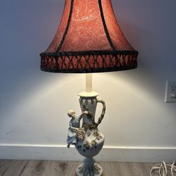 Vintage Porcelain Lamp with Red Shade & Girl Grape Figurine 